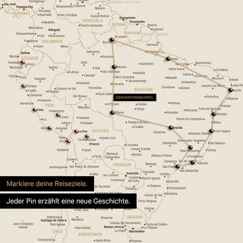 Vue détaillée de la carte du monde FINELINE tableau en toile couleur bronze avec itinéraire de voyage marqué et épingles en Amérique du Sud