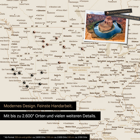 Vue détaillée de la carte du monde FINELINE en tableau d'affichage couleur bronze avec des destinations de voyage marquées aux États-Unis, au Canada et au Mexique