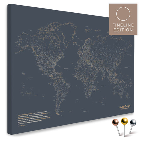 Carte du monde FINELINE en toile tableau d'affichage en Hale Navy avec un design minimaliste et fin en contour pour marquer et planifier vos voyages