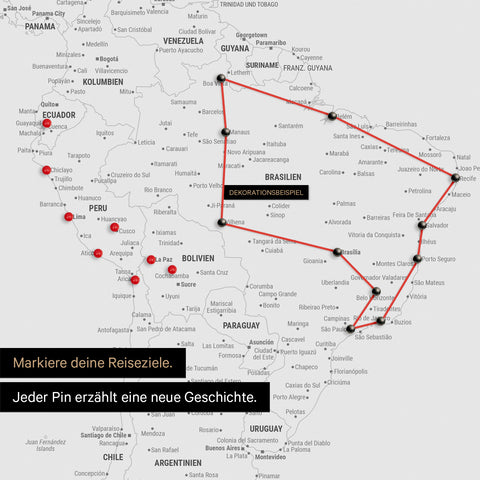 Vue détaillée de la carte du monde FINELINE tableau en toile couleur Coolgray avec itinéraire de voyage marqué et épingles en Amérique du Sud