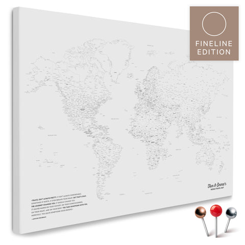 Carte du monde FINELINE en toile tableau d'affichage en Coolgray avec un design contour fin et minimaliste pour marquer et planifier des voyages