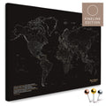 Carte du monde FINELINE en toile tableau d'affichage en noir et blanc avec un design en contour fin et minimaliste pour marquer et planifier des voyages