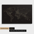 Carte du monde épurée FINELINE en toile tableau d'affichage couleur Sonar Black sans personnalisation