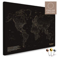 Carte du monde FINELINE en toile tableau d'affichage Sonar Black avec un design contour fin et minimaliste pour marquer et planifier vos voyages