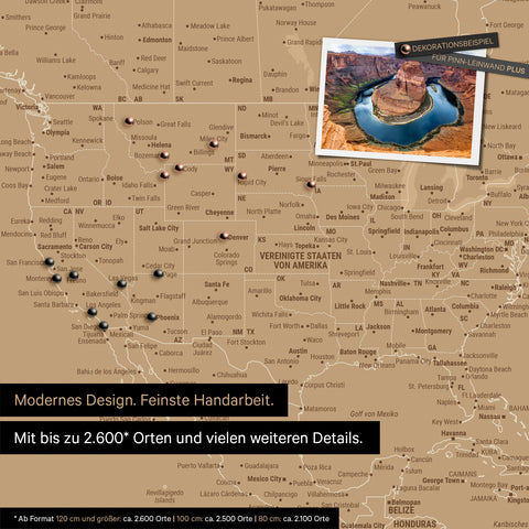 Vue détaillée de la carte du monde FINELINE en tableau d'affichage couleur Or Trésor avec des destinations de voyage marquées aux États-Unis, au Canada et au Mexique