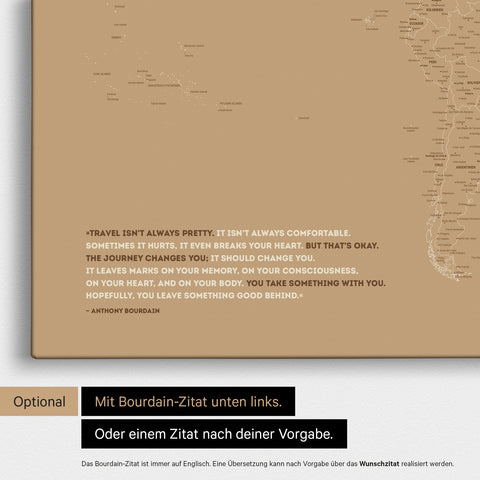 Carte du monde FINELINE en or trésor avec une citation imprimée d'Anthony Bourdain, qui peut être remplacée par n'importe quelle autre citation