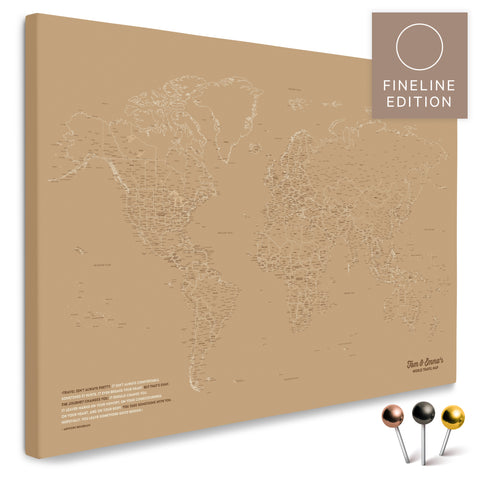 Carte du monde FINELINE en toile tableau d'affichage en Treasure Gold avec un design contour fin et minimaliste pour marquer et planifier vos voyages