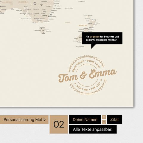 Alternative designs for personalization with your name on a world map in gold color