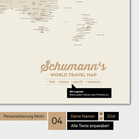 Carte du monde en couleur or avec personnalisation en tant que logo familial