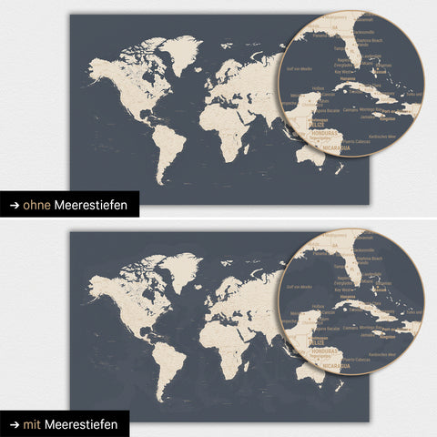 Weltkarte in Farbe Hale Navy (Gold-Dunkelblau) mit zweidimensionalen Meerestiefen
