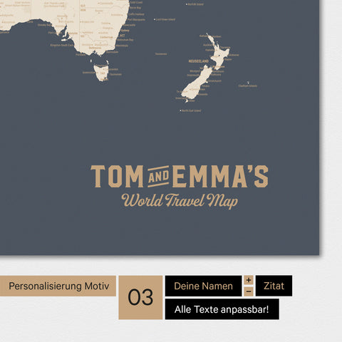 Weltkarte in Farbe Hale Navy (Gold-Dunkelblau) mit einem Vintage-Logo als moderne Personalisierung