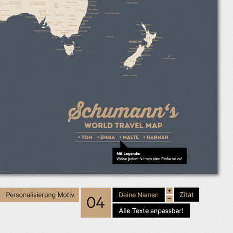 Weltkarte in Farbe Hale Navy (Gold-Dunkelblau) mit Personalisierung als Familien-Logo