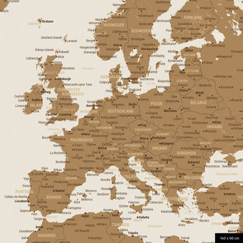A detailed section of a bronze-colored world map pinboard shows a section of Europe with all countries and capitals.