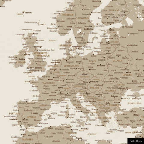 A detailed section of a world map pinboard in Desert Sand color shows a section of Europe with all countries and capitals.