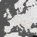 A detailed section of a world map pinboard in Dark Gray color shows a section of Europe with all countries and capitals.