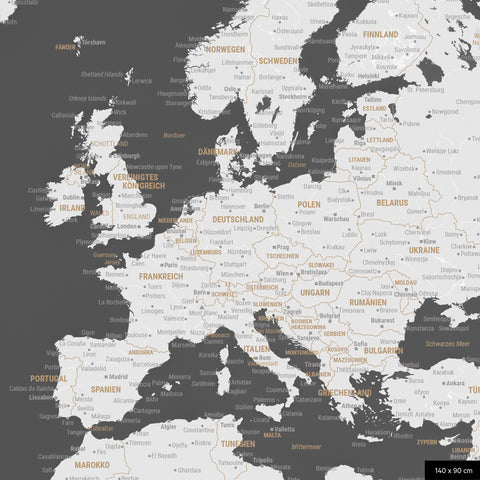 A detailed section of a world map pinboard in Dark Gray color shows a section of Europe with all countries and capitals.