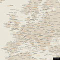 A detailed section of a gold-colored world map pinboard shows a section of Europe with all countries and capitals.