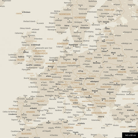 A detailed section of a gold-colored world map pinboard shows a section of Europe with all countries and capitals.