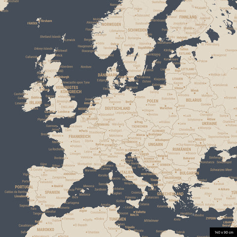 A detailed section of a world map pinboard in Hale Navy color shows a section of Europe with all countries and capitals.
