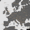 A detailed section of a world map pinboard in Light Gray color shows a section of Europe with all countries and capitals.