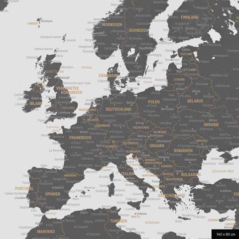 A detailed section of a world map pinboard in Light Gray color shows a section of Europe with all countries and capitals.