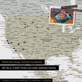 Detailed world map as a pinboard in multicolor sage for marking up to 2,600 travel destinations in the USA, Canada, and Mexico, ideal for visually displaying past trips and future travel plans