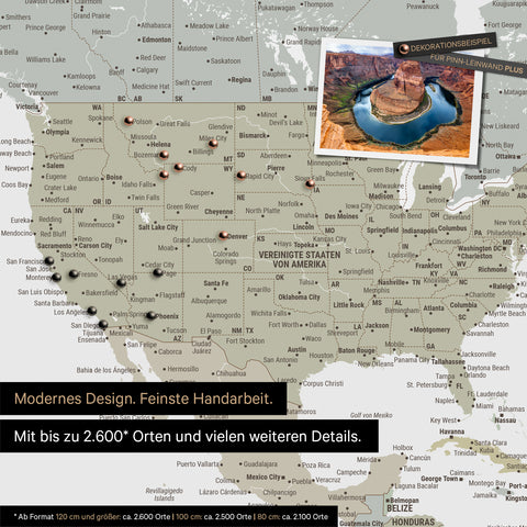 Detailed world map as a pinboard in multicolor sage for marking up to 2,600 travel destinations in the USA, Canada, and Mexico, ideal for visually displaying past trips and future travel plans