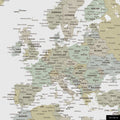 A detailed section of a multicolor sage world map pinboard shows a section of Europe with all countries and capitals.