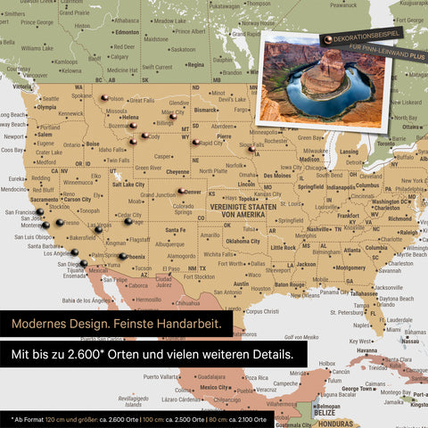 Carte du monde détaillée en multicolore Sienne, conçue comme tableau d'affichage pour marquer jusqu'à 2 600 destinations de voyage aux États-Unis, au Canada et au Mexique, idéale pour la représentation visuelle des voyages passés et des projets de voyage futurs