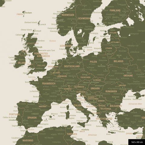 A detailed section of an olive green world map pinboard shows a portion of Europe with all countries and capitals.