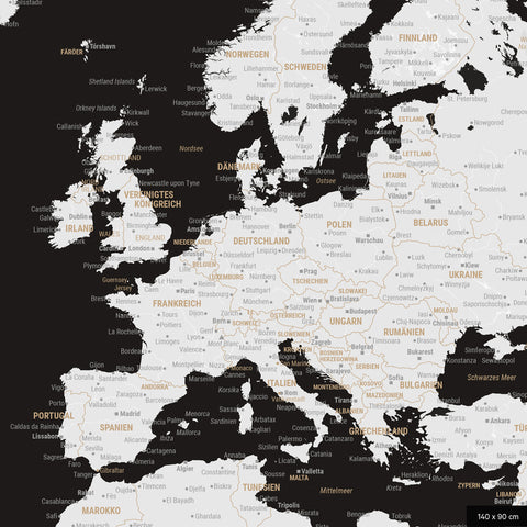 A detailed section of a black and white world map pinboard shows a portion of Europe with all countries and capitals.
