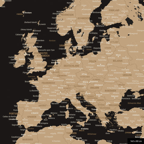 A detailed section of a world map pinboard in Sonar Black color shows a section of Europe with all countries and capitals.