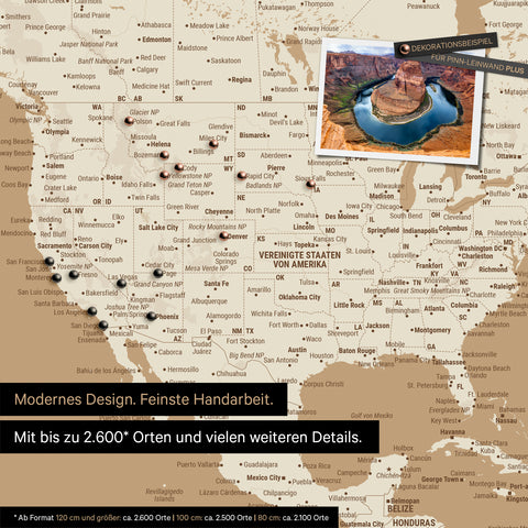 Detailreiche Weltkarte als Pinnwand in Treasure Gold zur Markierung von bis zu 2.600 Reisezielen in den USA, Kanada und Mexiko, Ideal für die visuelle Darstellung vergangener Reisen und zukünftiger Reisepläne