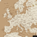 A detailed section of a world map pinboard in the color Treasure Gold shows a section of Europe with all countries and capitals.