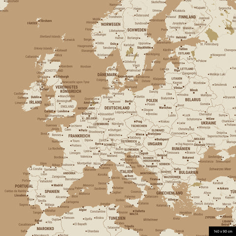 A detailed section of a world map pinboard in the color Treasure Gold shows a section of Europe with all countries and capitals.