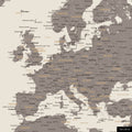 A detailed section of a world map pinboard in Warmgray color shows a section of Europe with all countries and capitals.