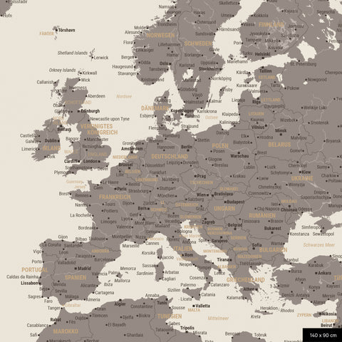 A detailed section of a world map pinboard in Warmgray color shows a section of Europe with all countries and capitals.