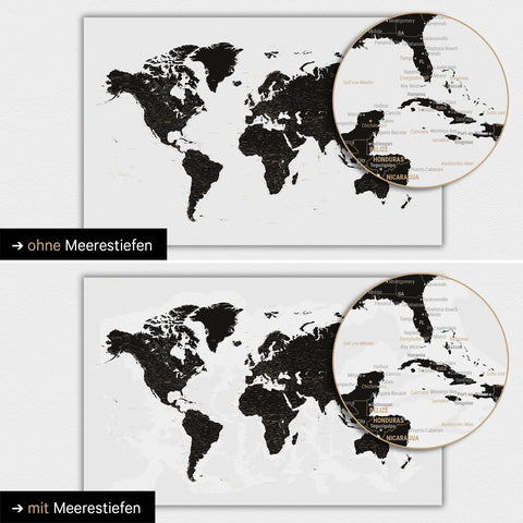 Carte du monde en couleur noir clair avec profondeurs marines bidimensionnelles