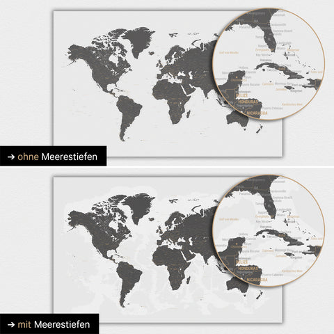 Carte du monde en couleur gris clair avec profondeurs marines bidimensionnelles
