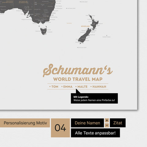 Carte du monde en gris clair avec personnalisation en logo familial