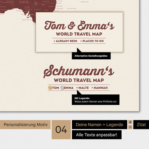 Weltkarte Magnetboard in der Farbe Bordeaux Rot mit Personalisierung als Logo im Vintage-Look