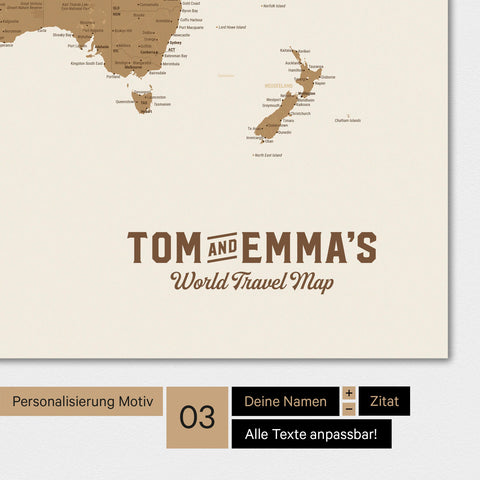 Magnetboard Weltkarte in Bronze mit Personalisierung als Logo mit Familiennamen