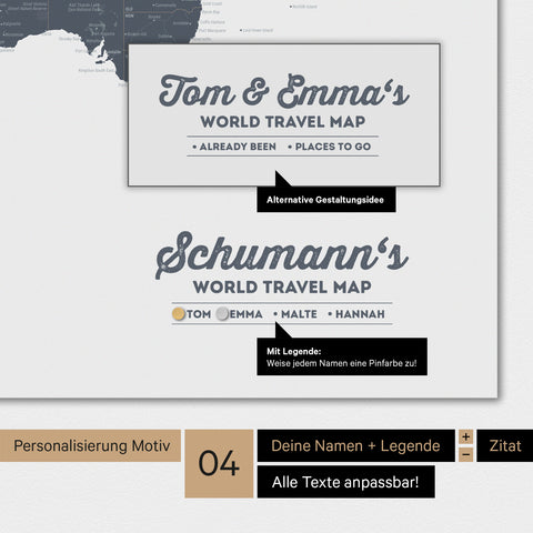 Magnetboard Weltkarte in Denim Blue mit Personalisierung als Logo mit Familiennamen