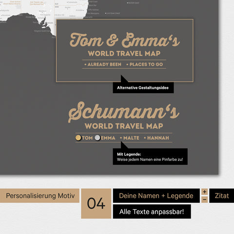 Magnetboard Weltkarte in Dunkelgrau mit Personalisierung als Logo mit Familiennamen