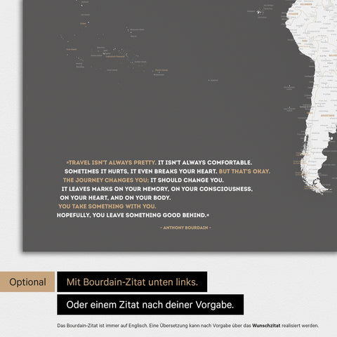 Magnetische Weltkarte als Magnetboard in Dunkelgrau mit Personalisierung und eigedruckten Namen