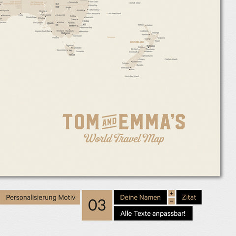 Weltkarte Magnetboard in der Farbe Gold mit Personalisierung als Logo im Vintage-Look