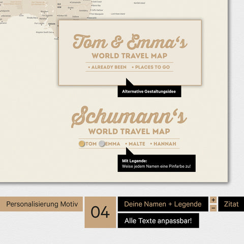 Magnetboard Weltkarte in Gold mit Personalisierung als Logo mit Familiennamen