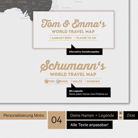 Magnetboard Weltkarte in Light Gray mit Personalisierung als Logo mit Familiennamen