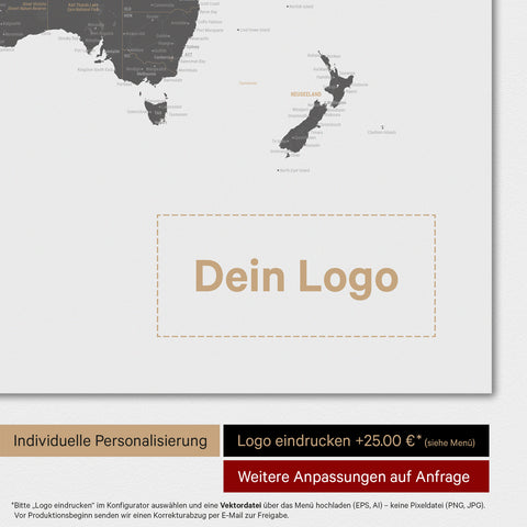 Weltkarte als Magnettafel in Light Gray mit Eindruck eines Firmenlogos