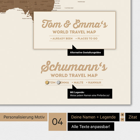 Magnetboard Weltkarte in Multicolor Brown mit Personalisierung als Logo mit Familiennamen